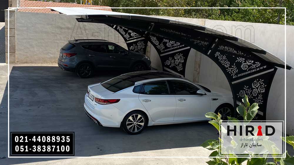 سایبان پارکینگ برای چهار خودرو با سازه مشکی و سقف سفید هیراد